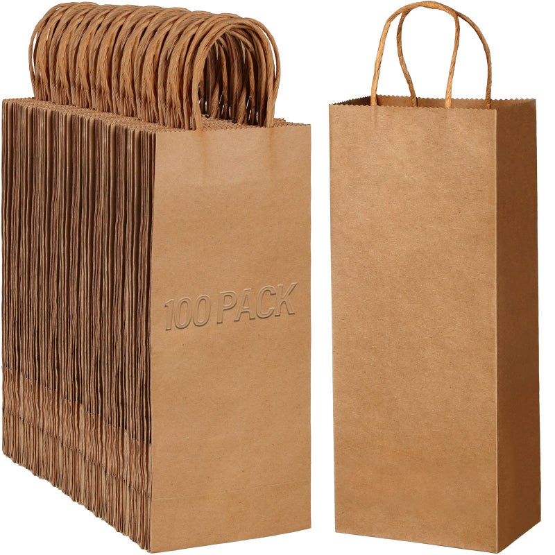Handepo 100 Pcs Paper Wine Gift Bags with Handles 13 x 53 x 33 Inch Brown Kraft Wine Bottle Bags Tote Shopping Bag for Small Business Present Wedding Party Supplies Brown